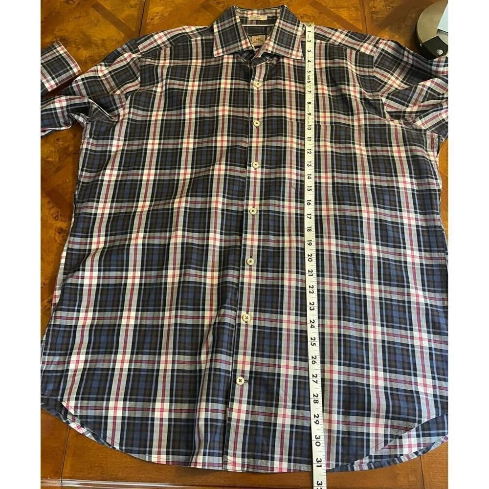 Peter Millar Long Sleeve Button Up Dress Shirt Blue Pink Plaid Sz Large L Cotton